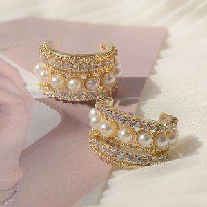 NEW 14K Gold Plated Diamond Pearl Open Hoops